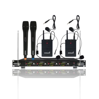 4CH VHF Wireless Microphone Reciever Handheld & Headset Lavalier Bodypacks Mics - Image 1 of 4