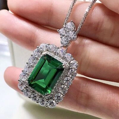 2.30Ct Emerald Cut Lab Created Emerald Halo Pendant 14K White Gold Finish - Image 1 of 4