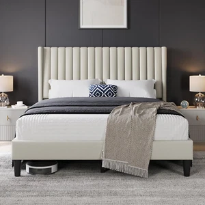 Yaheetech Queen Bed Frame Upholstered Platform Bed with Fabric Headboard, Wing E - Picture 1 of 12
