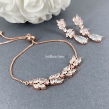 CZ Rose Gold Slide Adjustable Bracelet Earrings Set Bridal Wedding Bridesmaids