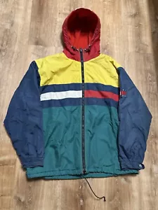 Vintage 90s Tommy Hilfiger Color Block Flag Windbreaker Hood Jacket Mens XL - Picture 1 of 12