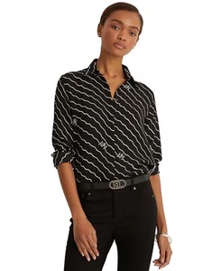 Lauren Ralph Lauren Wave-stripe Georgette Shirt Polo Black Large - Picture 1 of 5