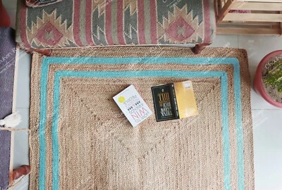 Handwoven Braided Square Beige & Turquoise Double Border Home Décor Rugs - Image 1 of 4