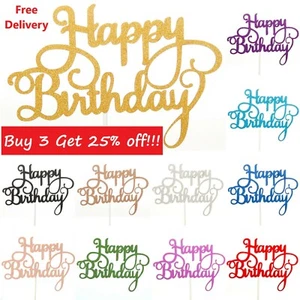 Happy Birthday Cake Toppers Glitter Calligraphy Bling Sparkle Decoration Sign UK - Picture 1 of 24