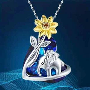 Elefant Mutter & Baby Sonnenblume Anhänger Halskette Damen Mädchen Mode silber - Bild 1 von 4
