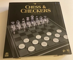 Classic CHESS & Checkers With GLASS Board Clear And Frosted Pieces Game Set. - Picture 1 of 7