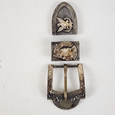 VINTAGE STERLING Silver MEXICO BELT BUCKLE 3 PIECE SET Deep Engraved DESIGN - Image 1 of 4