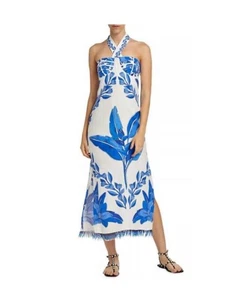 FARM Rio NWT $298 Blue Yard Linen Halter Beaded Embellishment Midi Dress size M - Picture 1 of 9