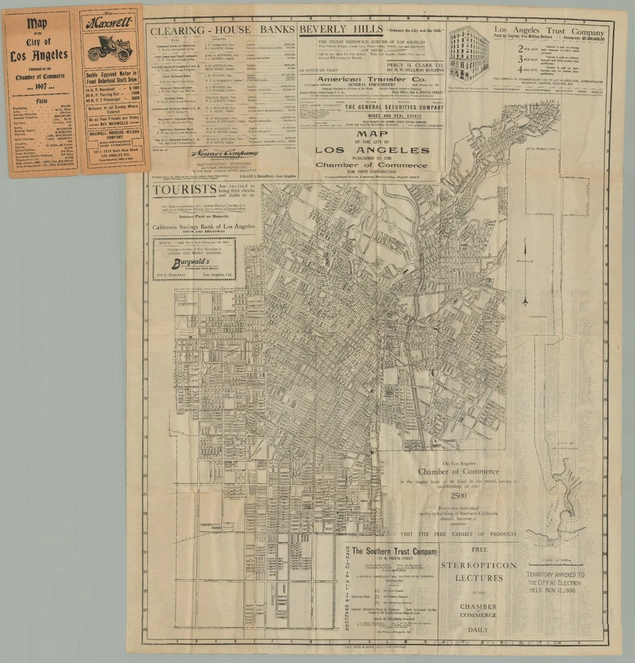 1907 Chamber of Commerce Map of the City of Los Angeles, Early Automobile Ads - Image 1 of 1
