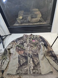 Mossy Oak Womens Jacket Medium Brown Camo Pink Logo Full Zip Pockets Fleece - Picture 1 of 13