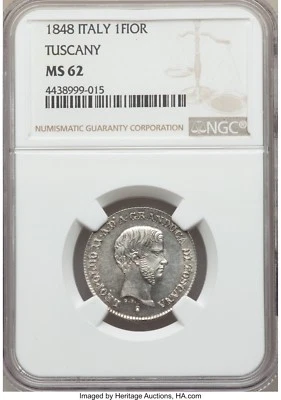 ITALY / ITALIAN STATES  TUSCANY  1848  1 FIORINO SILVER COIN NGC CERTIFIED MS-62 - Image 1 of 2