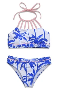 Hobie L122707 Girls Blue Miami Palm High Neck Crop Bralette Swim Set Size 16 - Picture 1 of 3