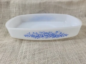Vintage Federal Glass Baking Dish Blue Roses Milk Glass Casserole Serving Dish - Picture 1 of 5