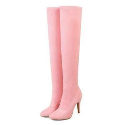 Zapatos de tacón de aguja para mujer de gamuza elástica por encima de la rodilla punta puntiaguda Foto 1 de 4