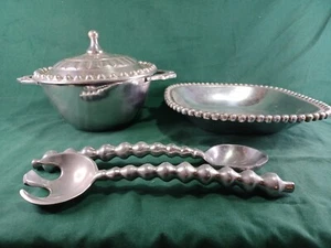 Lot Of IHI India Beaded Pewter(?) Pcs - Tray, Bowl W Lid & Serving Utensils - Picture 1 of 9