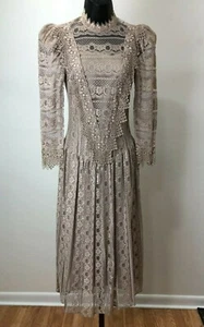 Vintage 1980s Victorian Inspired High Neck Cachet Lace Dress - Picture 1 of 10