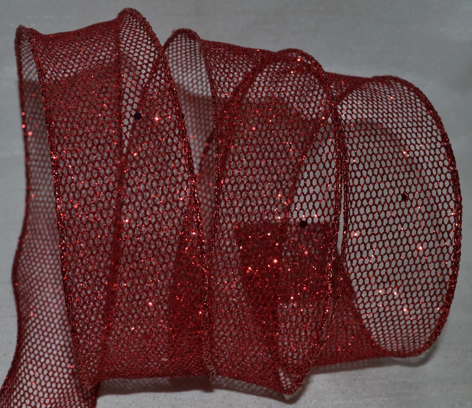 Cinta con cable ~ Malla brillante roja de vacaciones ~ Brillo de Navidad ~ 1,5" ~ Corona ~ Regalo ~ Artesanía ~ Arco Foto 1 de 1