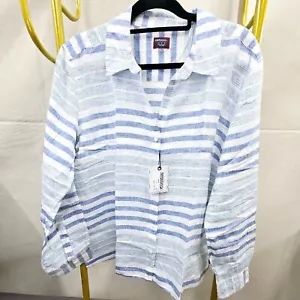 NEU MIT ETIKETT UNTUCKit VIETTI BLAU WEISS GESTREIFT 100 % LEINEN KNOPFLEISTE HEMD GRÖSSE 8 - Bild 1 von 9