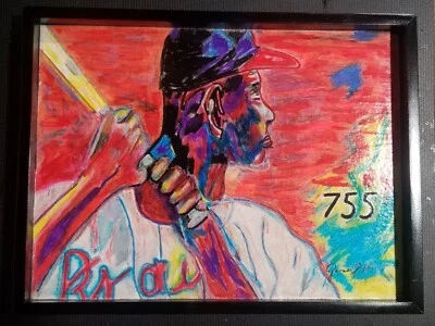 Hank Aaron 1/1 运动艺术铅笔素描 9x11 带框 755 — 第 1/4 张图片