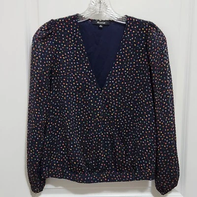 Madewell Women's XS Lyric Wrap Top Sugar Dot Sheer Lined Surplice Navy Blue - Image 1 of 4