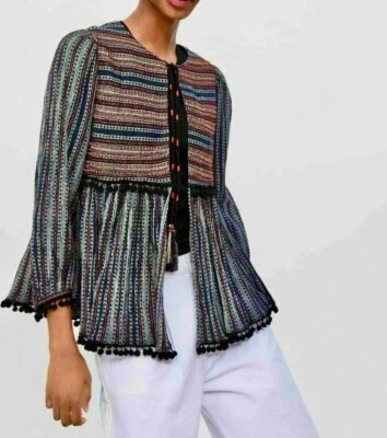Chaqueta Top ZARA Mediana Negra Multi Pom Pom Bordada Cuentas Boho Foto 1 de 4