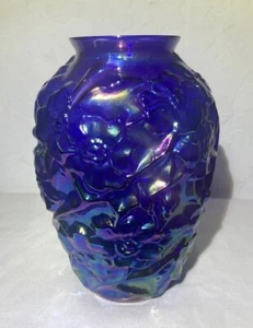 Vintage Fenton Cobalt Blue Iridescent 7" Dogwood Vase Carnival Glass Gorgeous - Picture 1 of 10
