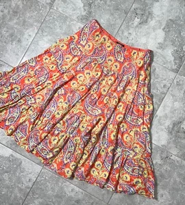 Ralph Lauren Pull On Tiered Peasant Midi Skirt Orange Paisley Floral Cotton XL - Picture 1 of 11
