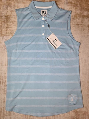 Camisa polo feminina FootJoy pequena azul claro sem mangas corante espacial listra golfe - Imagem 1 de 4