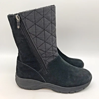 Lands' End Quilted Suede Fur Lined Winter Boots Women 8.5B Black Side-Zip 487611 - Image 1 of 4