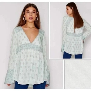 Top tunica Free People Rolling Hills manica a campana piccolo verde menta boho - Foto 1 di 13