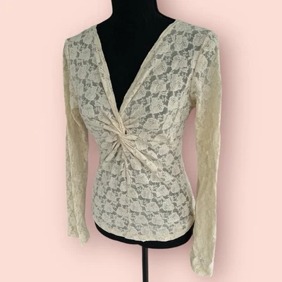 Vtg Y2K Cream Whimsygoth Lace Long Sleeve Shirt Top Coquette Fairy Kawaii Large - Image 1 of 4