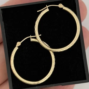 9ct Yellow Gold 25mm Patterned Hoop Earrings - Picture 1 of 6