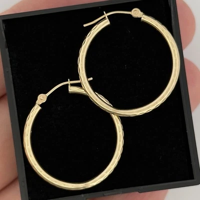 9ct Yellow Gold 25mm Patterned Hoop Earrings - Image 1 of 4