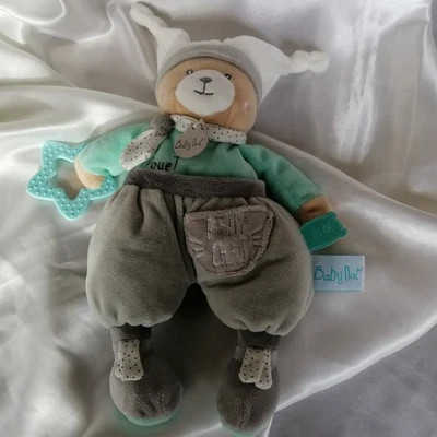 Doudou d'activité, ours Polochon gris, vert d'eau, blanc, Baby'Nat,  Babynat - Photo 1/4