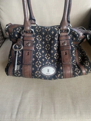 Fossil Maddox Signature Silhouette Satchel Handbag Brown Black Canvas leather - Image 1 of 4