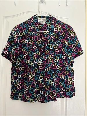 Блузка женская Leslie Fay Haberdashery винтажная 80-е размер 14 ретро геометрическая на пуговицах - Изображение 1 из 4