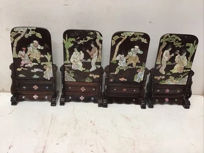 4 Antique Chinese Hardwood Table Screen MOP Depicting 4 Seasons Each 4.5”x 7.5” - Image 1 of 4