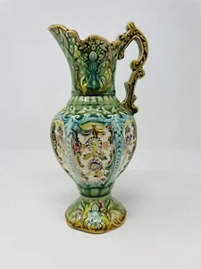 Glazed Majolica Art Pottery green Ewer with floral panels decorative handle - Picture 1 of 7