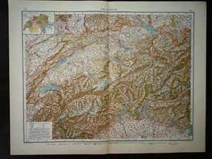 DOUBLE-PAGE MAP-SWITZERLAND PAGE 83-84, ANDREE GREAT WORLD ATLAS- 1914 - Picture 1 of 2