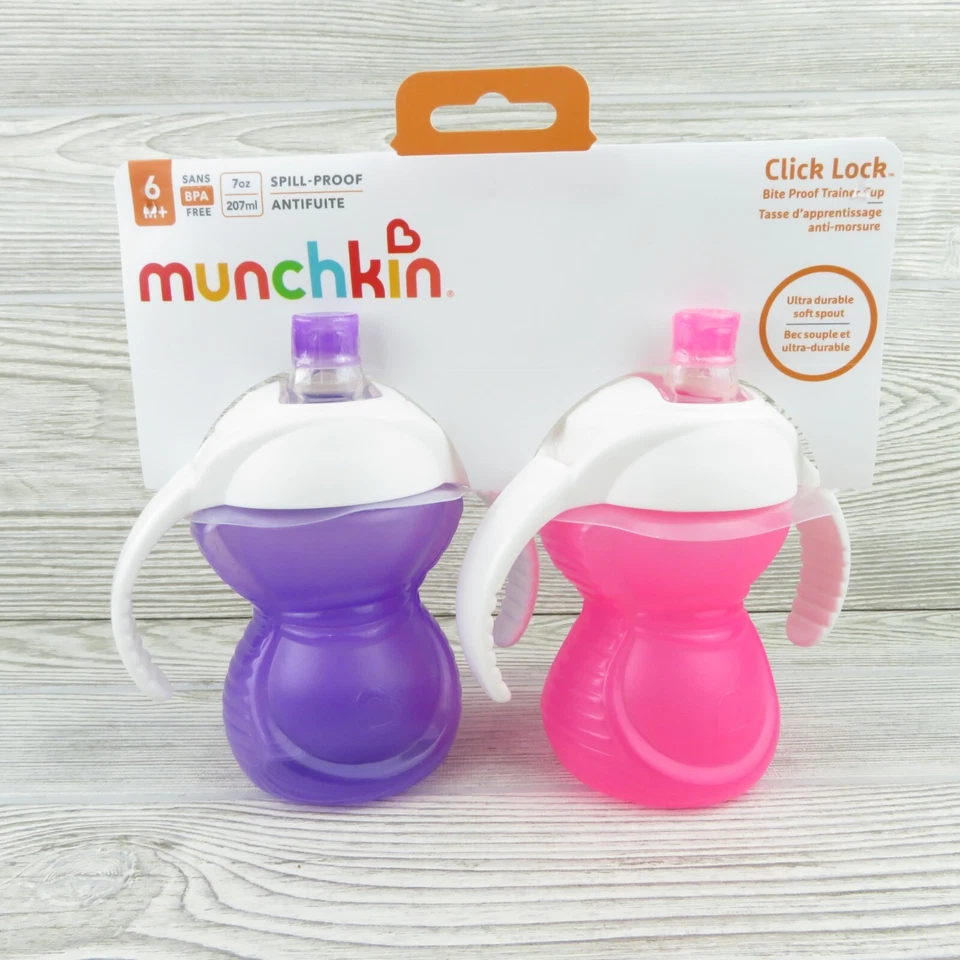 MUNCHKIN - Bloqueo de clic - 7 oz a prueba de mordeduras, taza para sorber con caño suave - rosa/púrpura, 2 piezas Foto 1 de 4