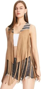 Damen Fransenweste offen vorne Kontrast Kunstwildleder Quaste Weste ärmellose Jacke L - Bild 1 von 6