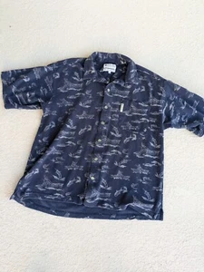 Vtg Columbia Button Up Shirt Mens Med Blue Fishing Print Cotton Outdoors Fishing - Picture 1 of 8