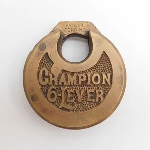 Vintage Antik CHAMPION 6 HEBEL Pfannkuchenschloss Vorhängeschloss OHNE SCHLÜSSEL Messing Bronze - Bild 1 von 8