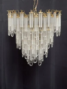 Vintage Murano Italian Blown Crystal Glass Rod Brass Wedding Cake Chandelier - Picture 1 of 12