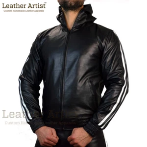 Men's Leather Hooded Jacket Black Sheepskin Leathers Jacket Hooded Street Jacket - Picture 1 of 8