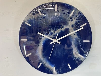 33cm Navy Blue Grey and White Abstract Modern Resin Wall Clock - Image 1 of 4