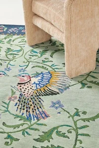 Alfombra acolchada de lana hecha a mano diseño Aria pájaro verde patrón floral decoración - Imagen 1 de 4