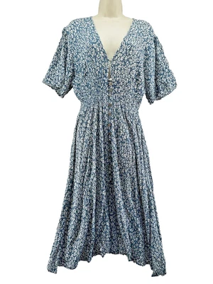 Vestido Cleobella Violeta Talla M Azul Blanco Estampado Botón Delantero Cuello en V Vestido Sol Foto 1 de 4