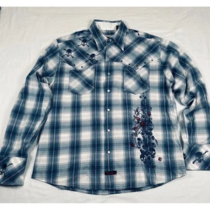 Fender Skull Plaid Western Shirt Embroidered Roses Rockabilly Size XL Blue White - Picture 1 of 10