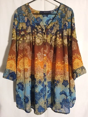 Denim 24/7-Blue Green Orange Paisley 3/4 Sleeve Vneck Top Blouse Tunic-24W 1X - Image 1 of 4